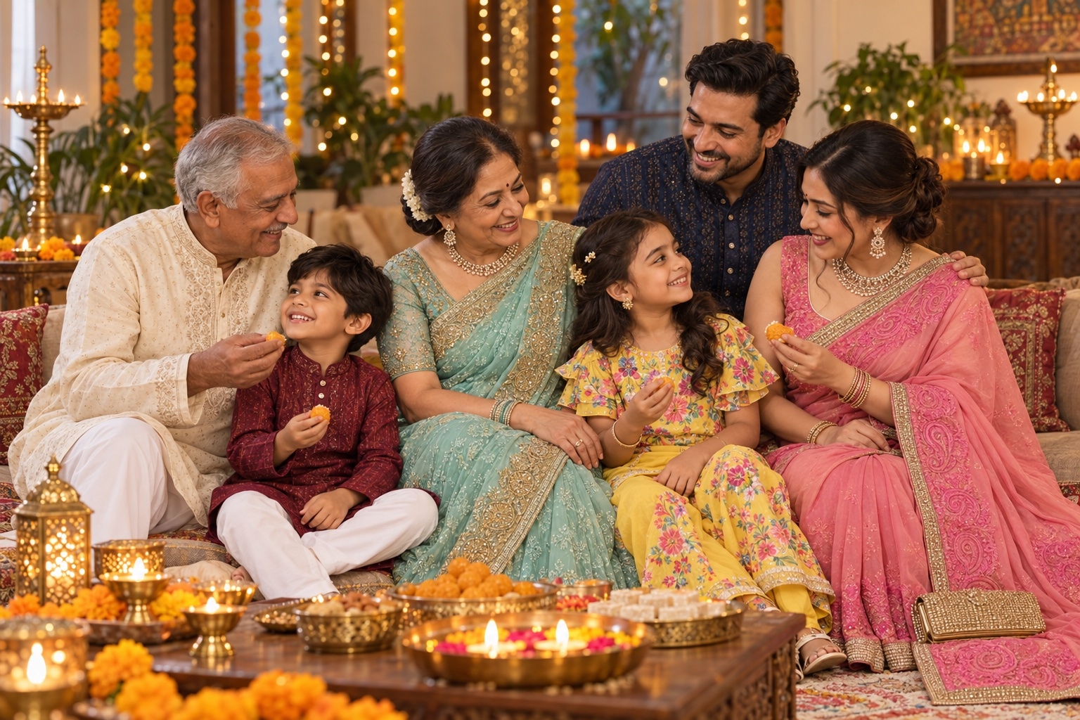 Grandparents, parents and children celebrating Diwali together in festive Indian clothing and jewellery