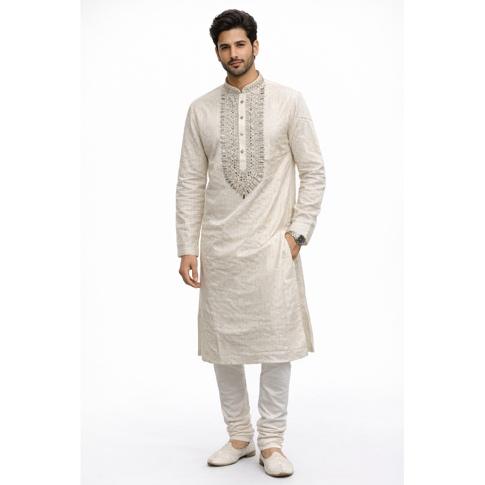 MENS OFF WHITE EMBROIDERED KURTA ONLY