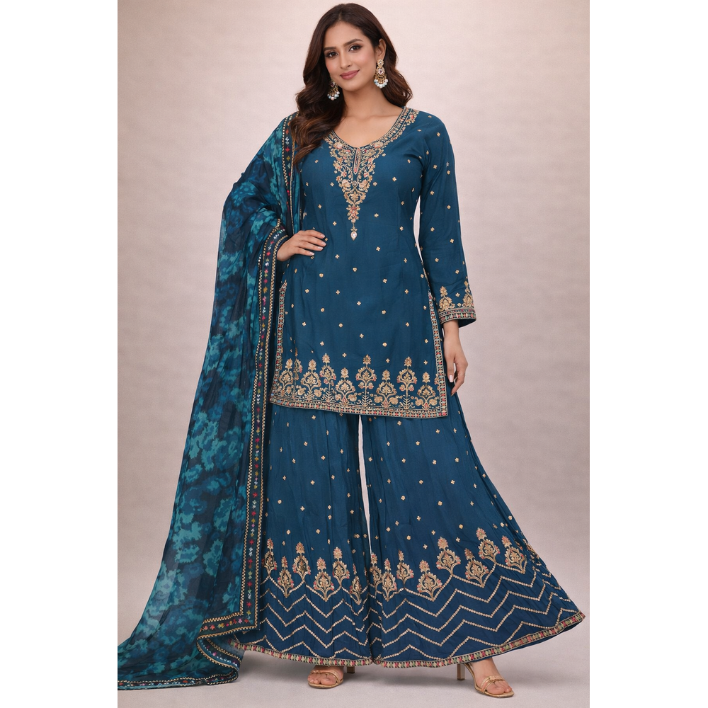 ZAREENA EMBROIDERED FLARE PLAZO SUIT