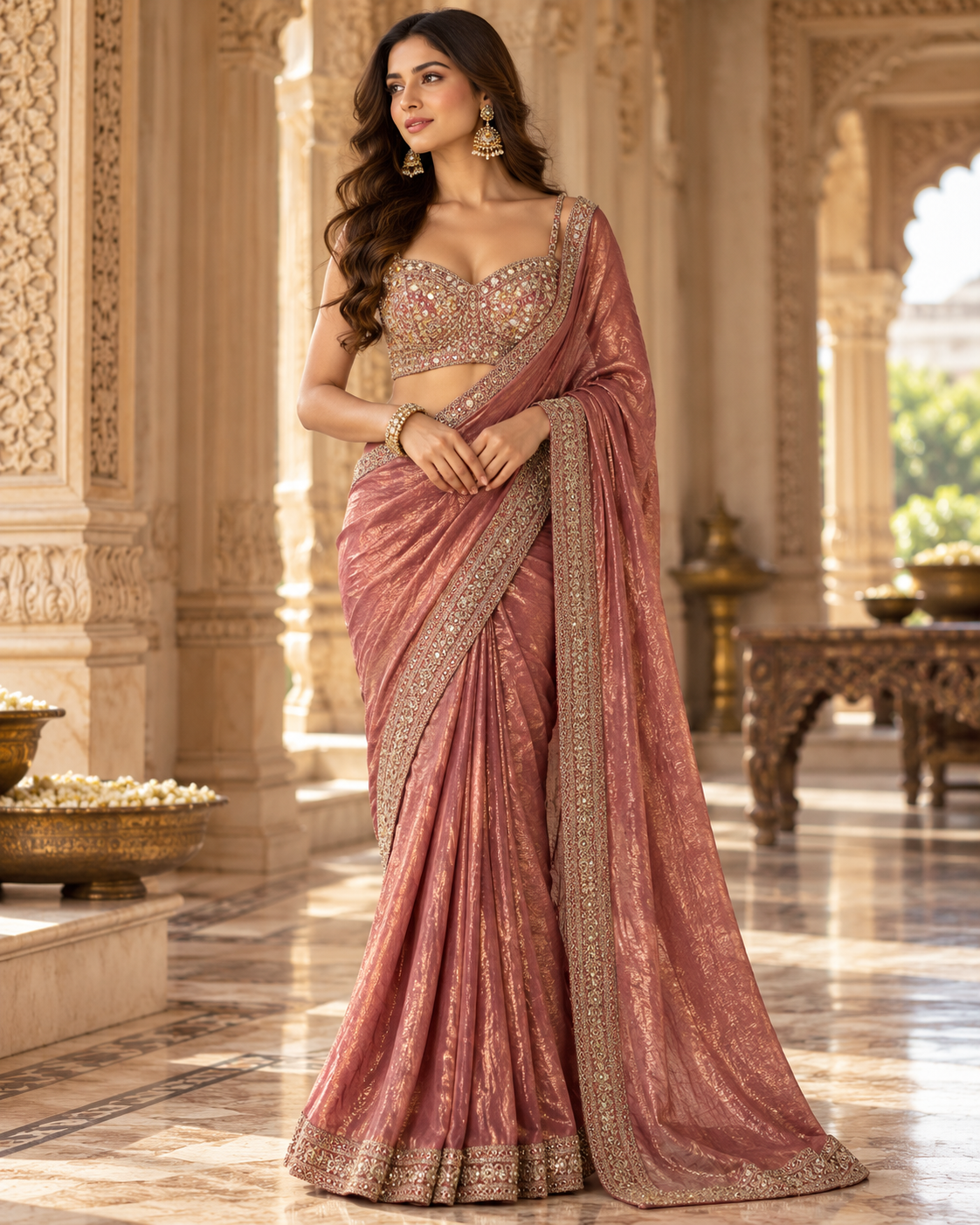 Darsha dusty rose ready-to-wear saree with embroidered gold border